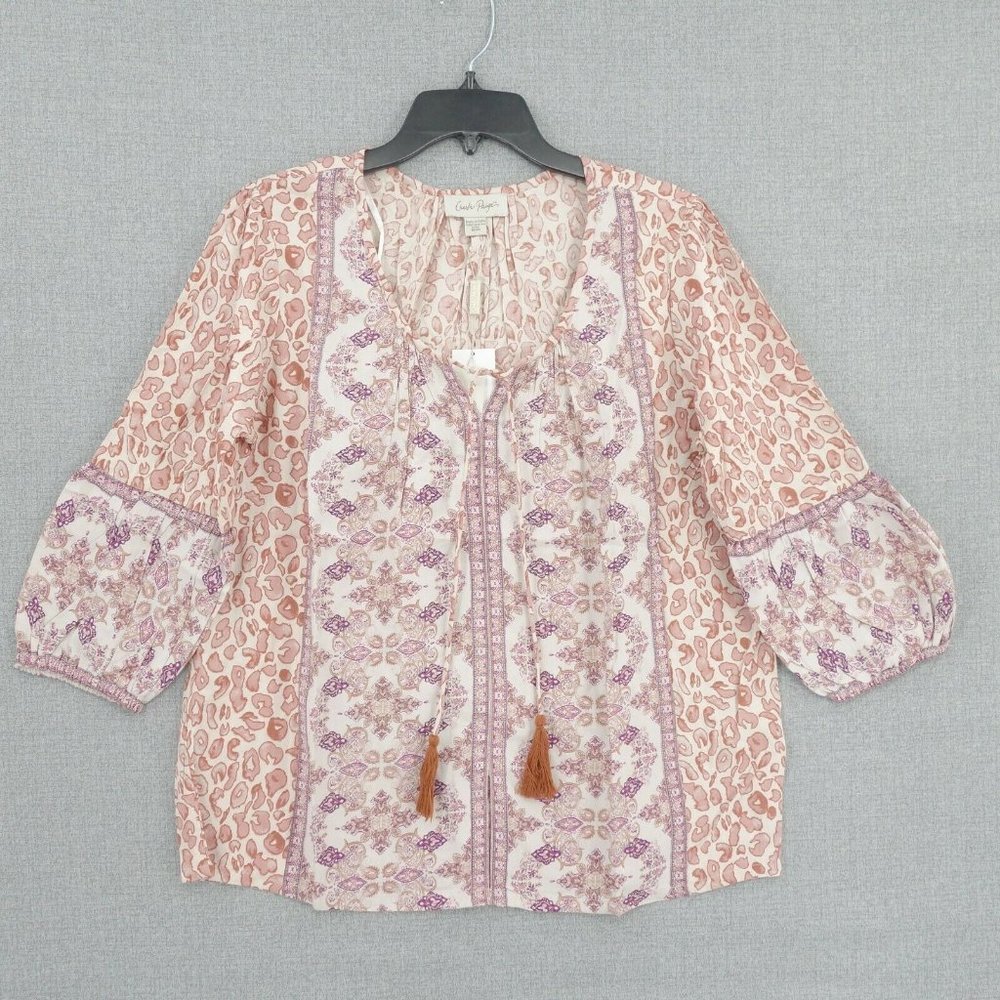 Charlie Paige Top Womens Medium Red Long Sleeve V-Neck Tasseled Boho Paisley NWT
